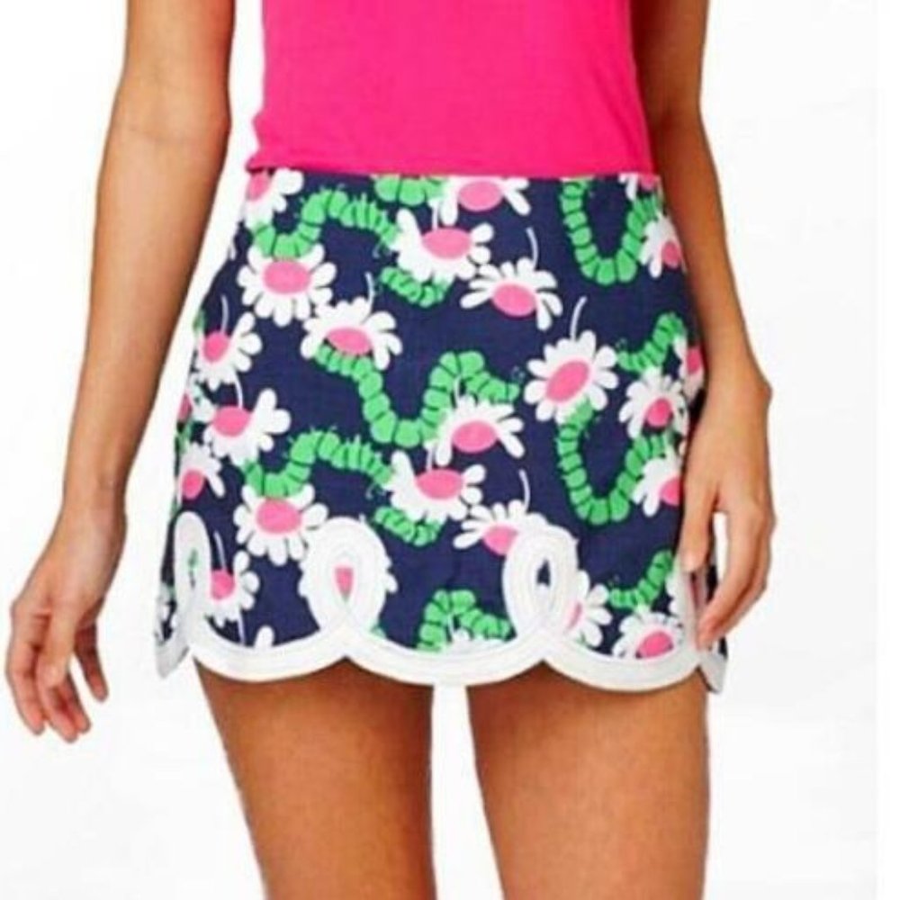 Lilly Pulitzer Navy Floral Scalloped Mini Skirt with Pink & Green Accents